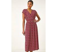 Roman Geo Print V-Neck Stretch Midi Dress for Women UK - Ladies Spring Everyday Summer Holiday Ruched Detail Comfy Cap Sleeve Soft Fit & Flare Frock Day Out Gowns - Red - Size 14