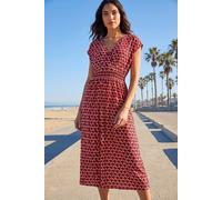 Roman Geo Print V-Neck Stretch Midi Dress for Women UK - Ladies Spring Everyday Summer Holiday Ruched Detail Comfy Cap Sleeve Soft Fit & Flare Frock Day Out Gowns - Red - Size 10