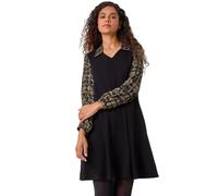 Roman Originals Contrast Animal Print Swing Dress for Women UK - Ladies Everyday Holiday Autumn Winter Pull-On V-Neck Long Sleeves Comfy Soft Vacation Work Leopard - Khaki - Size 16