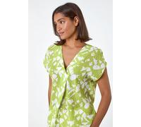 Roman Geometric Crinkle Textured Top for Women UK - Ladies Spring Everyday Summer Holiday V-Neckline Comfy Short Sleeve Soft Pleat Detail Shirt Vacation Blouses - Lime - Size 14