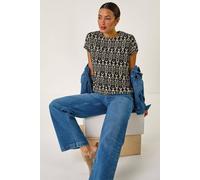 Roman Originals Snake Print Bubble Hem Top for Women UK - Ladies Spring Summer Blouson Round Neckline Comfy Soft Evening Vacation Work Party Night Out Everyday - Black Ikat - Size 12