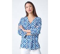 Roman Women's Geometric Pleated Button Detail V-Neck Top in Blue | Size: 10 Roman Blue 10
