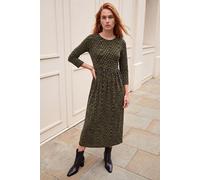Roman Originals Midi Dress with Pockets for Women UK Ladies Stretchy Jersey Maxi Long 3/4 Length Sleeve Gathered High Waist Boho Flattering Skater Swing Fit Flare - Khaki - Size 16