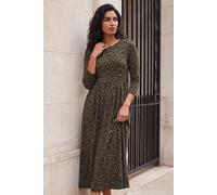 Roman Originals Midi Dress with Pockets for Women UK Ladies Stretchy Jersey Maxi Long 3/4 Length Sleeve Gathered High Waist Boho Flattering Skater Swing Fit Flare - Khaki - Size 14