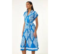 Roman Originals Shirt Dress for Women UK Ladies Short Sleeve Sleeveless Belted Collared Midi Maxi Summer Spring Smart Casual Button Evening Office A Line Swing Skater - Royal Blue Geo - Size 16