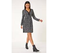 Roman Stretch Jersey Dress for Women UK Ladies Gathered Waist A Line Swing Skater Fit & Flare A Line Winter Autumn Knee Length V-Neck Casual Smart Cocktail Party - Black Grey - Size 18