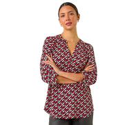 Roman Originals Shirt for Women UK Ladies Top Collarless Blouse Stretchy Tunic Smart Casual Autumn Winter Jersey 3/4 Length Sleeve Notch V Neck Flattering Office Work - Red Noir White - Size 20
