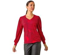 Roman Geometric Print V-Neck Stretch Top for Women UK - Ladies Autumn Everyday Winter Holiday Long Sleeve Soft Jersey Comfy All Over Shirt Office Desk Blouses - Red - Size 18