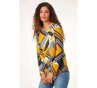 Roman Geometric Print Wrap Tunic Stretch Top In Yellow Yellow 12