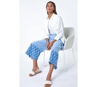 Roman Originals Culotte Trousers for Women UK - Ladies Wide Leg Cropped Pants Tie Detail Bottoms Vintage Retro Smart Flared Slimming High Waist 1940s Party Regular - Gingham Blue - Size 18