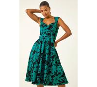 Roman Women's Glitter Floral Flocked Premium Stretch Dress in Teal | Size: 12 Roman Teal 12
