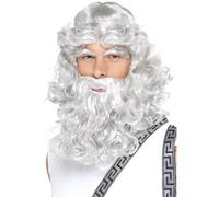 Roman Greek God Zeus Wig Beard Eye Brows Long Grey Mens Fancy Dress