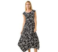 Roman Hanky Hem Swing Dress with Pockets for Women UK Ladies Asymmetric Hemline Stretch Jersey 3/4 Sleeve Winter Smart Casual Work Office Knee Length Tunics - Bow Black - Size 16