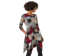 Roman Hanky Hem Swing Dress with Pockets for Women UK Ladies Asymmetric Hemline Stretch Jersey 3/4 Sleeve Winter Smart Casual Work Office Knee Length Tunics - Red Grey - Size 14