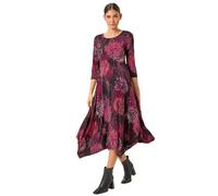 Roman Hanky Hem Swing Dress with Pockets for Women UK Ladies Asymmetric Hemline Stretch Jersey 3/4 Sleeve Winter Smart Casual Work Office Knee Length Tunics - Wine - Size 10