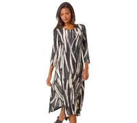 Roman Hanky Hem Swing Dress with Pockets for Women UK Ladies Asymmetric Hemline Stretch Jersey 3/4 Sleeve Winter Smart Casual Work Office Knee Length Tunics - Beige Black - Size 12