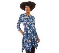 Roman Hanky Hem Swing Dress with Pockets for Women UK Ladies Asymmetric Hemline Stretch Jersey 3/4 Sleeve Winter Smart Casual Work Office Knee Length Tunics