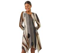 Roman Hanky Hem Swing Dress with Pockets for Women UK Ladies Asymmetric Hemline Stretch Jersey 3/4 Sleeve Winter Smart Casual Work Office Knee Length Tunics
