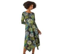 Roman Hanky Hem Swing Dress with Pockets for Women UK Ladies Asymmetric Hemline Stretch Jersey 3/4 Sleeve Winter Smart Casual Work Office Knee Length Tunics - Green & Black - Size 18