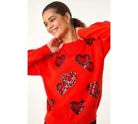 Roman Originals Women Heart Embroidered Jumper - Ladies Round Neck Long Length Pretty Smart Casual Workwear Office Knitwear Sweatshirt Pullover - Orange - Size 14