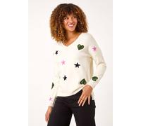 Roman Originals Heart & Star V-Neck Flock Jumper for Women UK - Ladies Everyday Autumn Winter V-Neckline Comfy Soft Evening Vacation Work Party Night Out - Ivory - Size 12