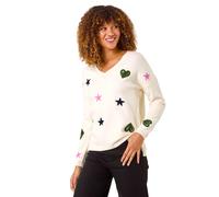 Roman Originals Heart & Star V-Neck Flock Jumper for Women UK - Ladies Everyday Autumn Winter V-Neckline Comfy Soft Evening Vacation Work Party Night Out - Ivory - Size 14