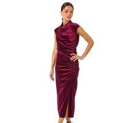 Roman High Neck Velvet Midi Dress for Women UK - Ladies Autumn Everyday Winter Holiday Short Sleeve Soft Split Detail Comfy Bodycon Frock Dinner Date Gowns - Wine - Size 20