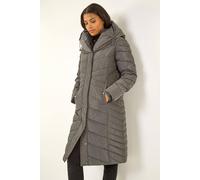 Roman Originals Padded Coat For Women UK - Ladies Longline Puffer Winter Quilted Parka Waterproof Rainproof Wind Resistant Thermal Jacket Long Length Warm Zip Hood Puffa Cosy - Charcoal - Size 16