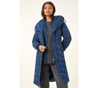 Roman Padded Coat for Women UK - Ladies Longline Puffer Winter Quilted Parka Waterproof Rainproof Wind Resistant Thermal Jacket Long Length Warm Zip Hood Puffa Cosy - Midnight Blue - Size 14
