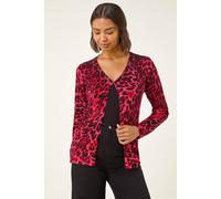 Roman Originals Embellished Animal Print V-Neck Cardigan for Women UK - Ladies Everyday Autumn Winter V-Neckline Comfy Soft Evening Vacation Work Party Night Out - Red - Size 12
