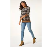 Roman Originals Ikat Border Hem Stretch Top for Women UK - Ladies Everyday Autumn Winter Round Neckline Comfy Soft Evening Vacation Work Party Night Out - Brown - Size 12