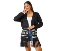 Roman Jacquard Fringe Hem Knit Cardigan for Women UK - Ladies Autumn Everyday Winter Holiday Long Sleeve Soft Boho Print Comfy Warm Feel Jumper Office Desk Sweaters - Black - Size 20