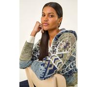 Roman Originals Women Jumper with Hood Ladies Winter Knitted Hoodie with Pockets Fairisle Nordic Aztec Print Hooded Sweater Knit Knitwear Autumn Flattering Casual Smart - Grey Jacquard - Size 14
