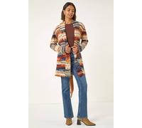 Roman Originals Jacquard Knit Belted Cardigan for Women UK - Ladies Everyday Autumn Winter Comfy Soft Evening Vacation Work Party Night Out - Brown - Size 16