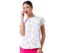 Roman Jacquard Paisley Print Top for Women UK - Ladies Spring Everyday Summer Holiday Round Neckline Comfy Frill Sleeve Soft Woven Fabric Shirt Pleat Vacation Blouses - Ivory - Size 12