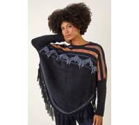 Roman Originals Jacquard Tassel Knit Jumper for Women UK - Ladies Everyday Autumn Winter Round Neckline Comfy Soft Evening Vacation Work Party Night Out - Black - Size 16