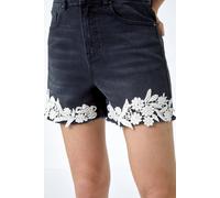 Roman Originals Lace Detail Denim Stretch Shorts for Women UK - Ladies Everyday Holiday Spring Summer Comfy Soft Evening Vacation Work Party - Black - Size 18