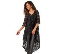 Roman Originals Lace Detail HighLow Hem Button Blouse for Women UK - Ladies Everyday Autumn Winter V-Neckline Comfy Soft Evening Vacation Work Party Night Out - Black - Size 16