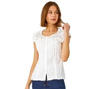 Roman Originals Lace Crinkle Top for Women UK - Ladies Broderie Anglaise Vest Blouse Yoke 100% Cotton Embroidered Shirt Casual Work Flattering Summer Holiday Boho T-Shirt - White - Size 16