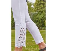 Roman Originals Lace Cropped Trousers for Women UK - Ladies Three Quarter Pants 3/4 Length Lacey Trim Stretch High Waisted Bengaline Smart Office Work Going Out Party Leggings - White - Size 16