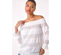 Roman Lace Insert Frill Bardot Top In Cream Cream 14
