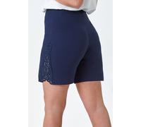 Roman Lace Trim Stretch Shorts for Women UK - Ladies Spring Everyday Summer Holiday Pull On Comfy Elasticated Waistband Soft Trim Details Daywear Vacation Bottoms - Navy - Size 10