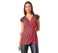 Roman Lace Trim Stretch Wrap Top for Women UK - Ladies Autumn Everyday Winter Holiday V-Neckline Comfy Sleeveless Soft Buckle Detail T-Shirt Dinner Date Shirts - Red Black - Size 20