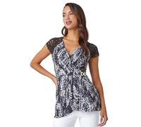 Roman Lace Trim Stretch Wrap Top for Women UK - Ladies Autumn Everyday Winter Holiday V-Neckline Comfy Sleeveless Soft Buckle Detail T-Shirt Dinner Date Shirts - Black White - Size 20