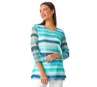 Roman Originals Mesh Overlay Floral Print Blouse for Women UK - Ladies Smart Top Casual T-Shirt Summer Spring Flower Printed Mesh Layer Stretch Jersey Comfy Tee Shirt - Blue White Green - Size 20