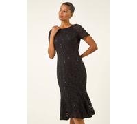 Roman Women's Leaf Lace Sequin Midi Dress in Black | Size: 14 Roman Black 14