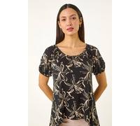 Leaf Print Asymmetric Stretch Tunic Top Roman Black 10