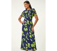 Roman Originals Leaf Print Back Tie Midi Dress for Women UK - Ladies Everyday Holiday Spring Summer Round Neckline Comfy Soft Evening Vacation Work Party - Navy - Size 12