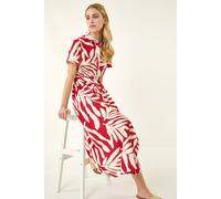 Roman Leaf Print Belted Midi Shirt Dress In Red Red 18