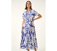 Roman Leaf Print Belted Midi Shirt Dress In Royal Royal 10